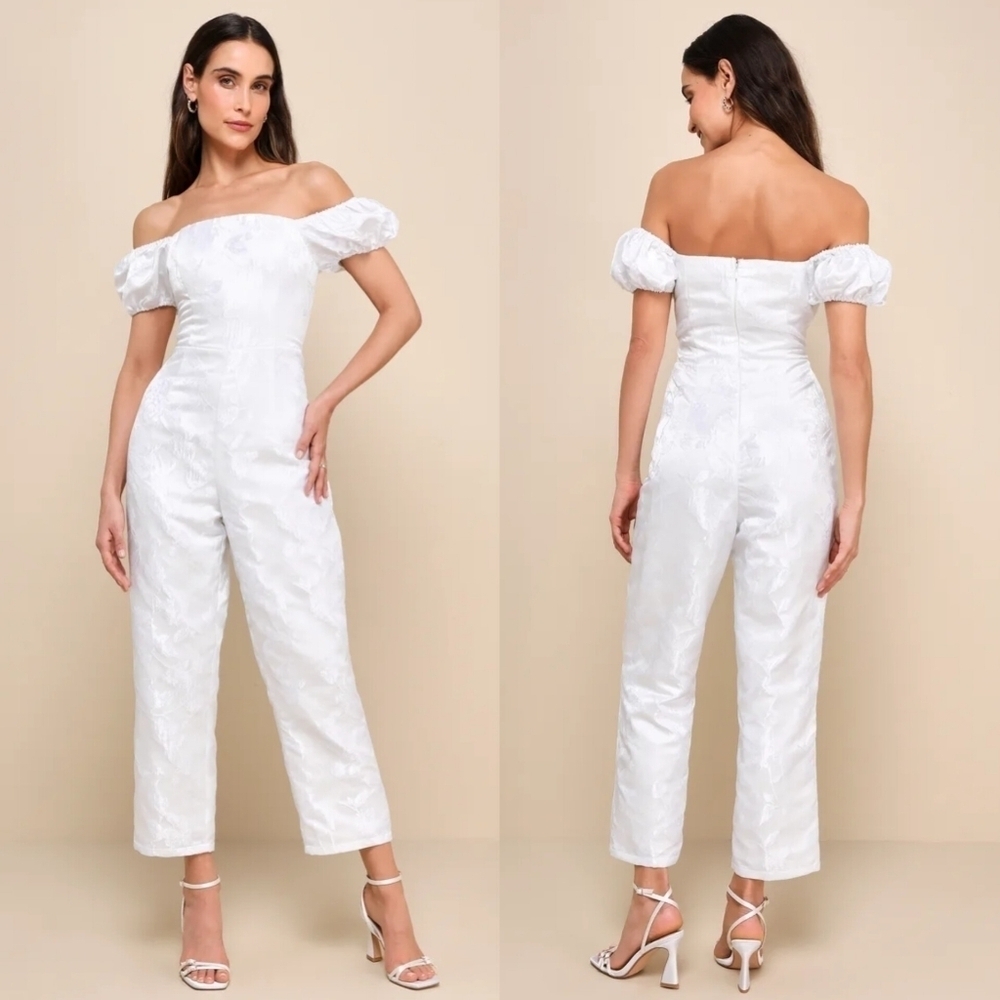 Lulus Redefined Class White Floral Jacquard Off-the-Shoulder Jumpsuit S Wedding